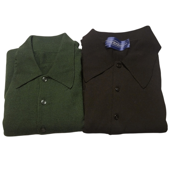 Vtg Gieves Hawkes Collared Sweater Mens Large Pure Wool Pullover Green Black 2pc